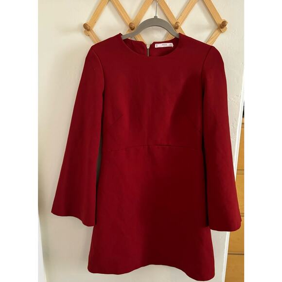 Mango Mini Dress Women's 6 Red Flared Long Sleeve Round Neck - Picture 2 of 8
